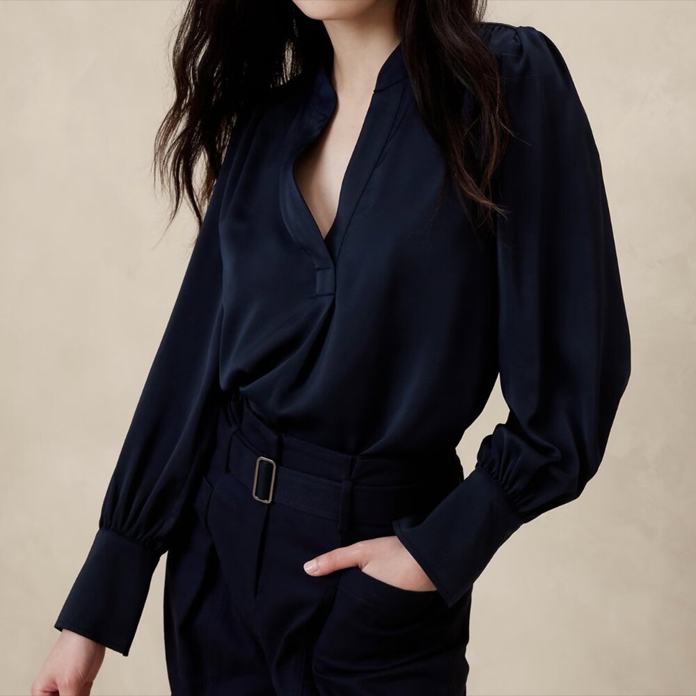 Banana Republic Crepe Volume Sleeve Blouse, Navy Blue, Size S